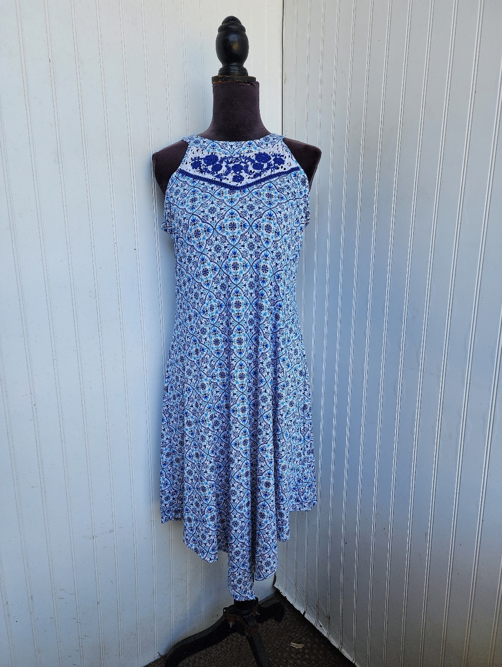 PerCeption Concept Womans Dress Blue White Halter Neck Sleeveless Stretch M